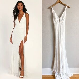 Lulus Eternally Romantic White Lace Backless Mermaid Maxi Dress